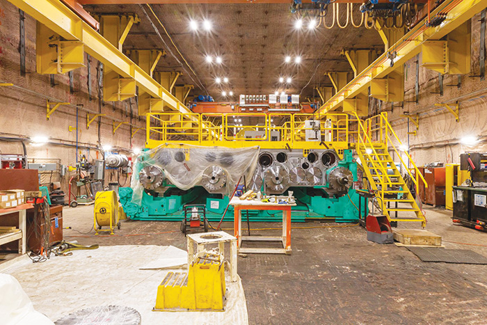 Esterhazy’s mining machines are assembled in underground shops before being moved out into production areas to begin mining potash ore. Commissioning of a twelfth four-rotor mining machine began in January, and a thirteenth is expected to be complete later this year. <br />
